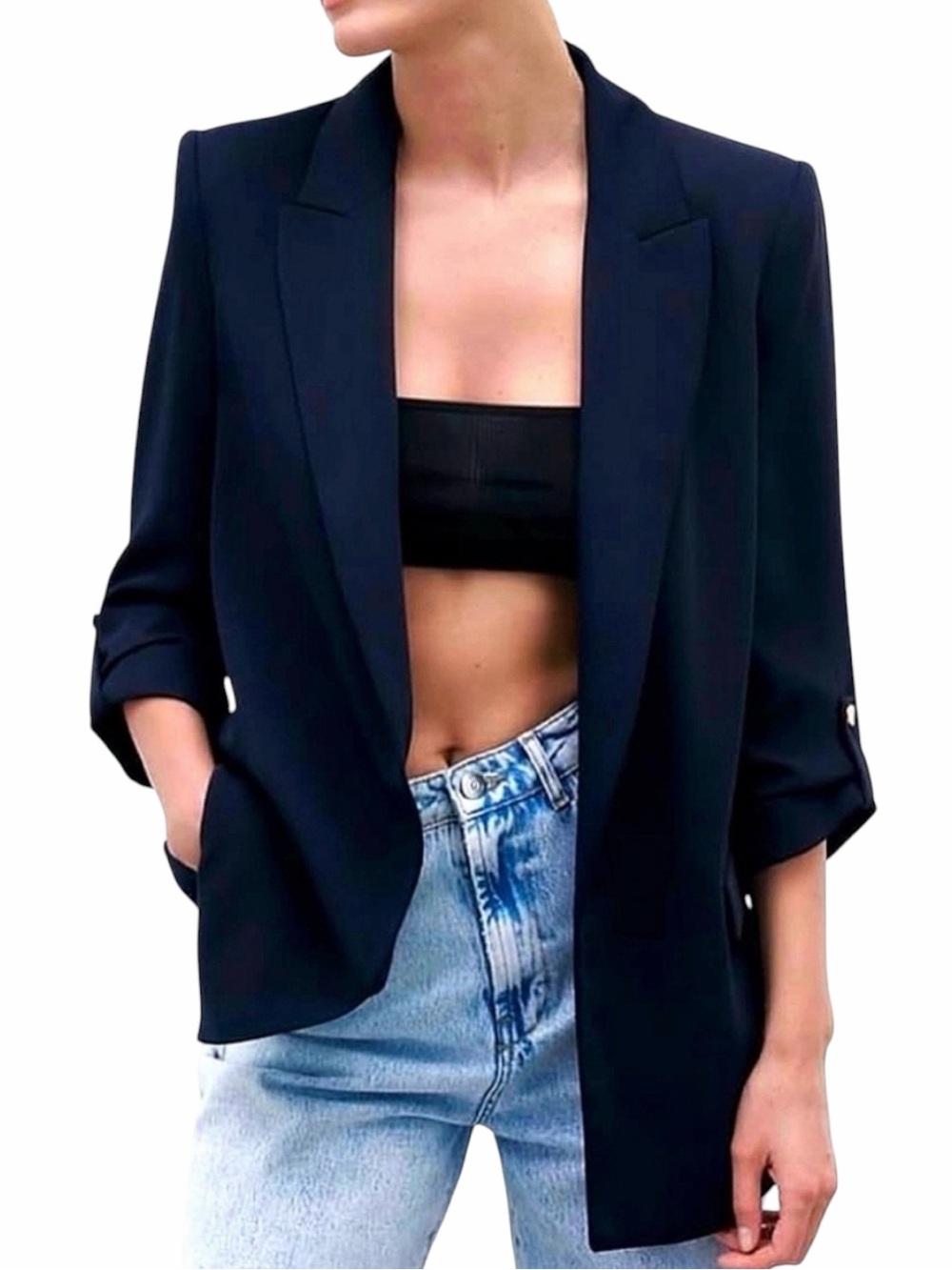 Zara Open Front Roll Cuffed Sleeves Gold Button Navy Size Large